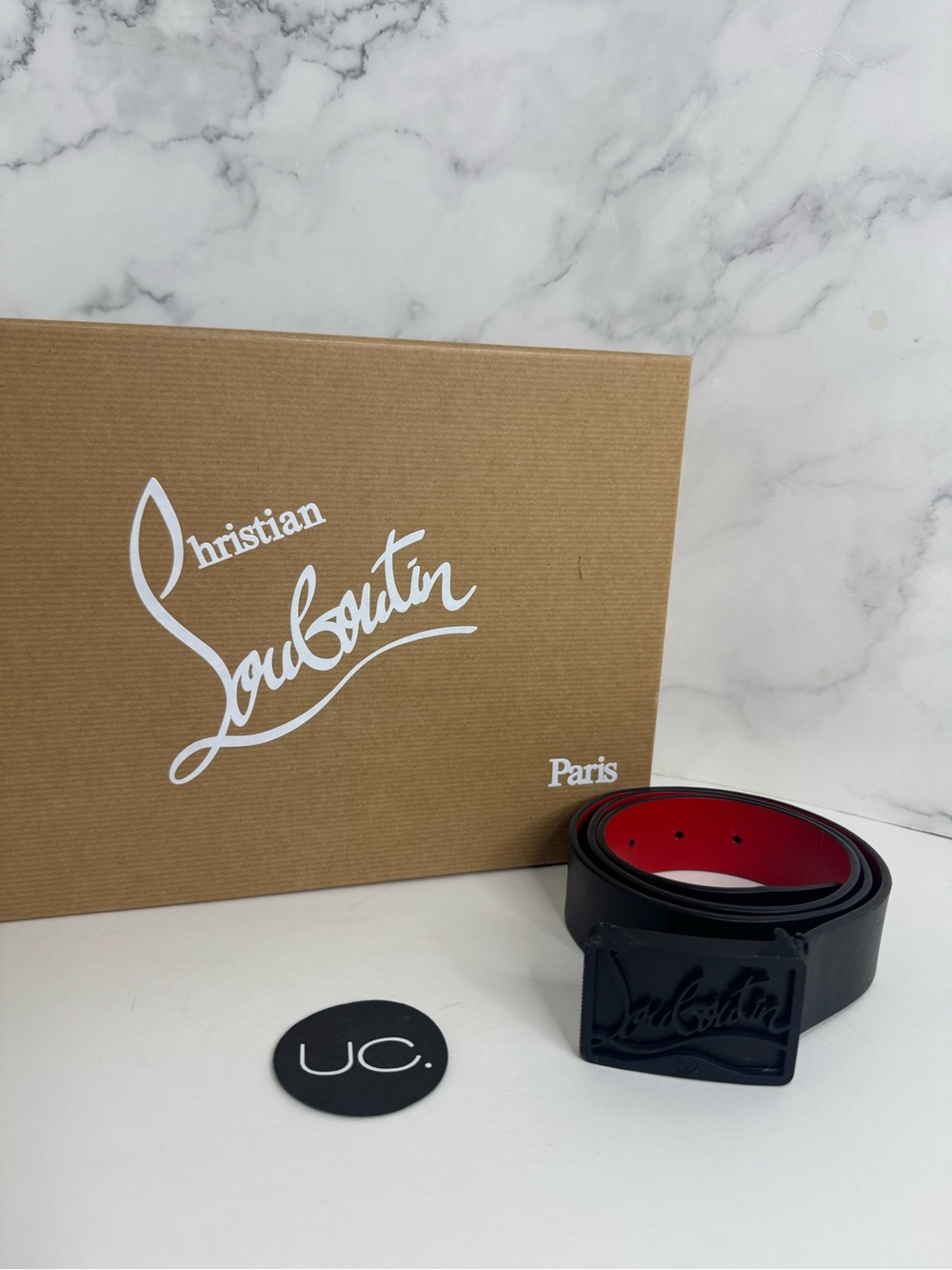 Christian Louboutin Ricky Belt. Matte Black. Size 90/36. Red. Black.